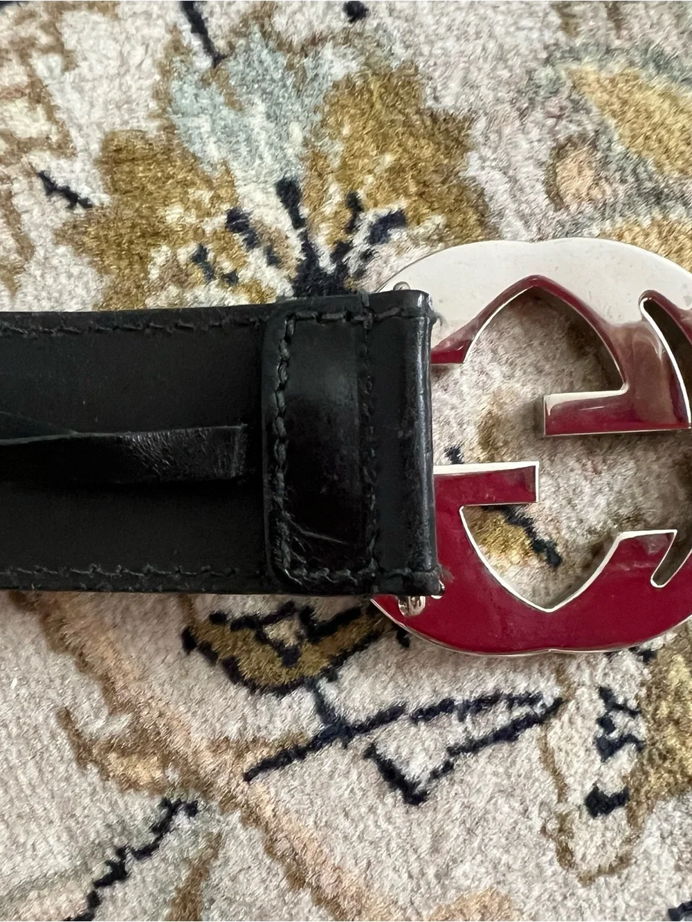 Gucci size 40 Black Leather Belt with Silver Interlocking GG Buckle used